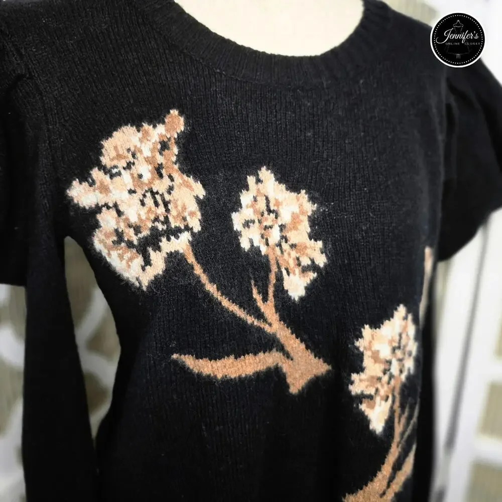 BCBGMaxAzria Black Iris Wool Blend Floral Puff Long Sleeves Sweater Size L